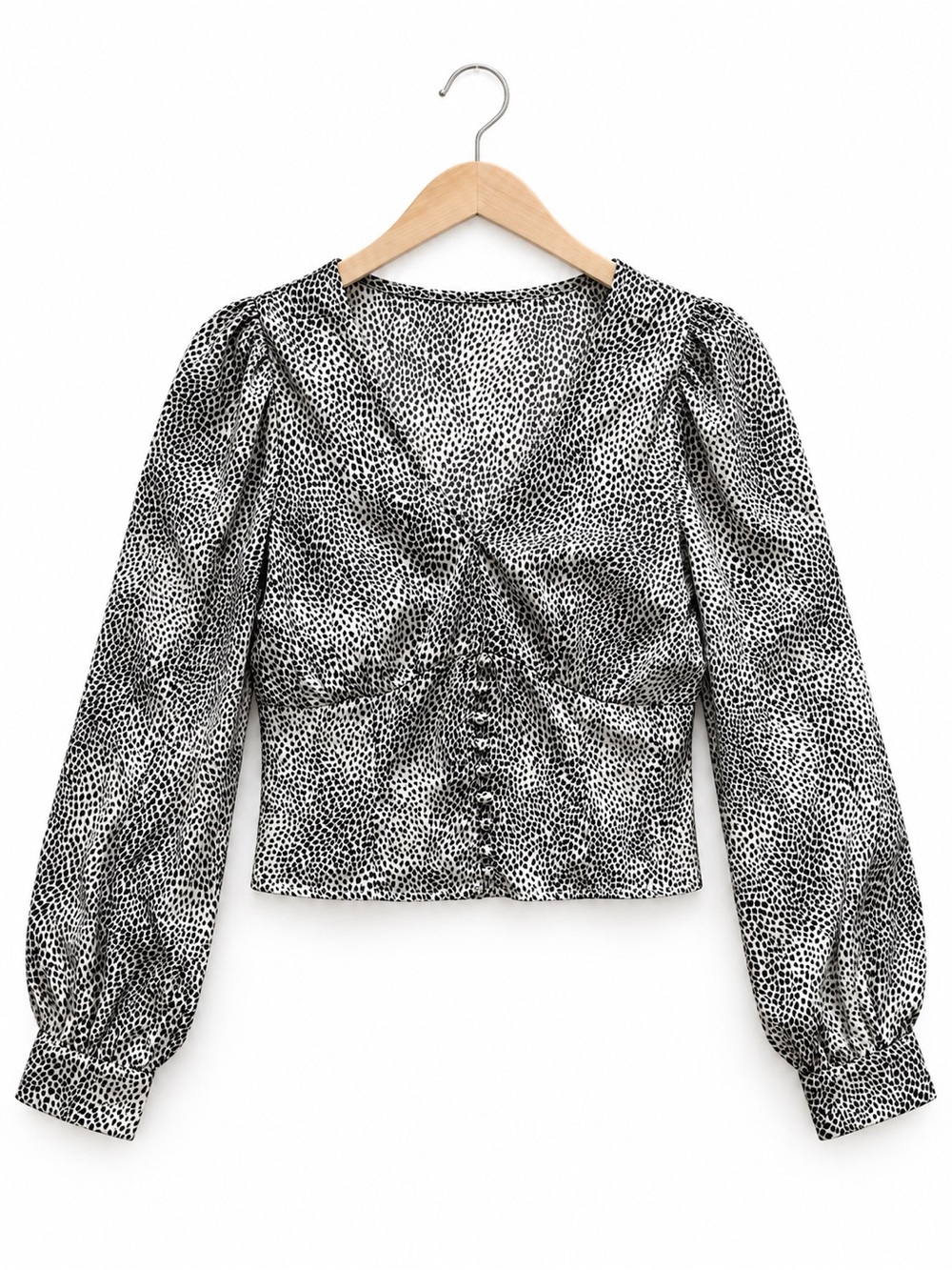 Re:named Animal Print Satin Puff Sleeve Button Front Crop Blouse S